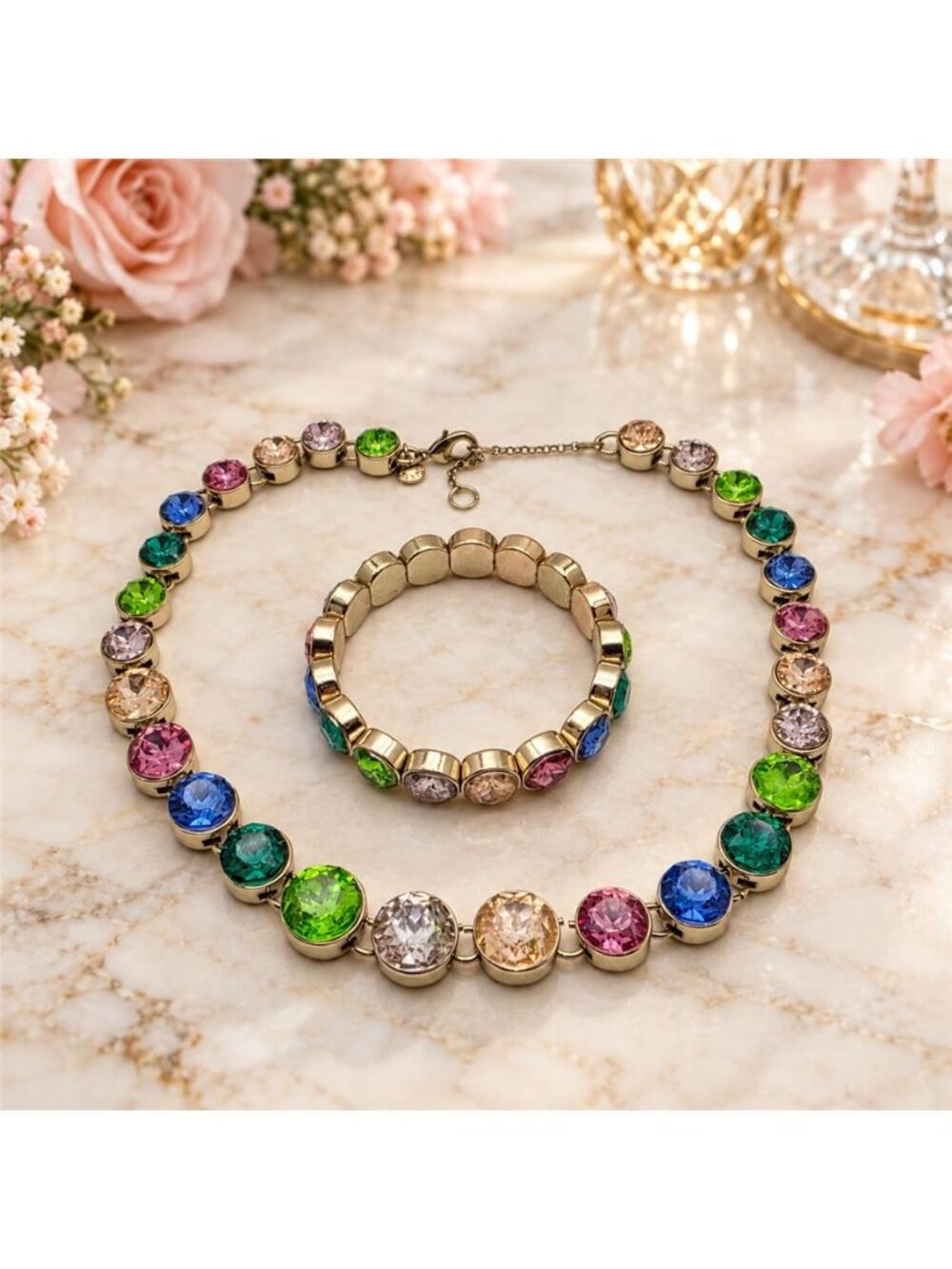 J. Crew Multicolor Crystal Graduated Collar Necklace & Stretch Bracelet Set